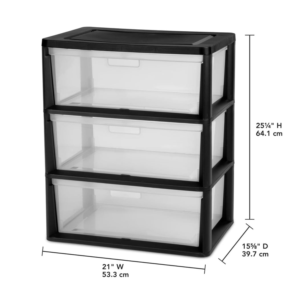 Black 3 Drawer Plastic Storage Organizer Tower with Clear Bins N57748