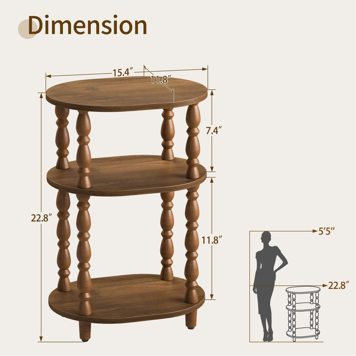 3-Tier Oval Wood Side Table with Storage Shelf O2938