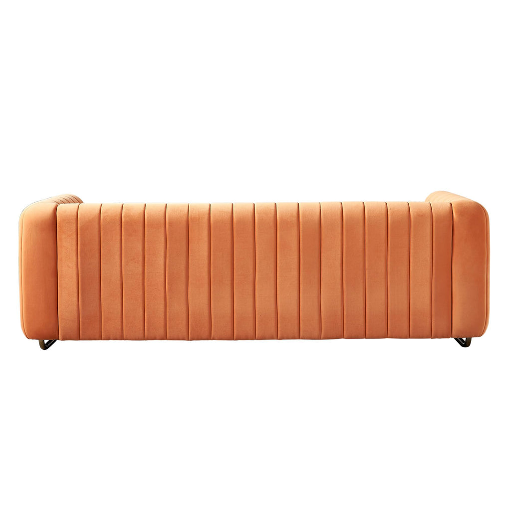 Velvet Sofa Couch, 3-Seater with Channel-Tufted Seats and Gold Steel Legs, Orange Z320