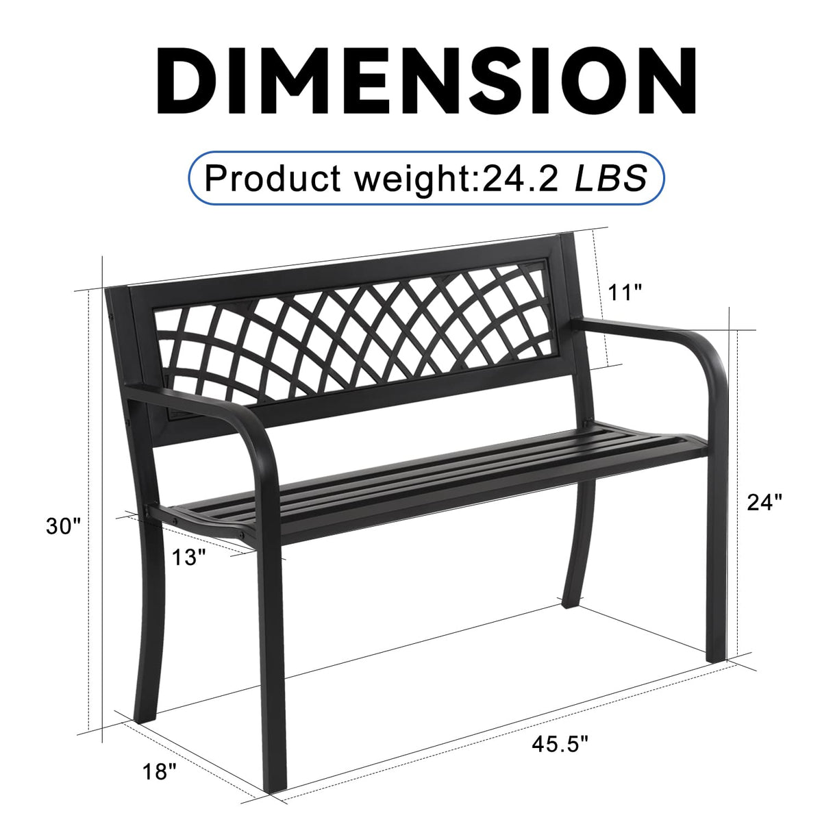 4 Feet Heavy-Duty Metal Patio Bench with Backrest Armrests P1609