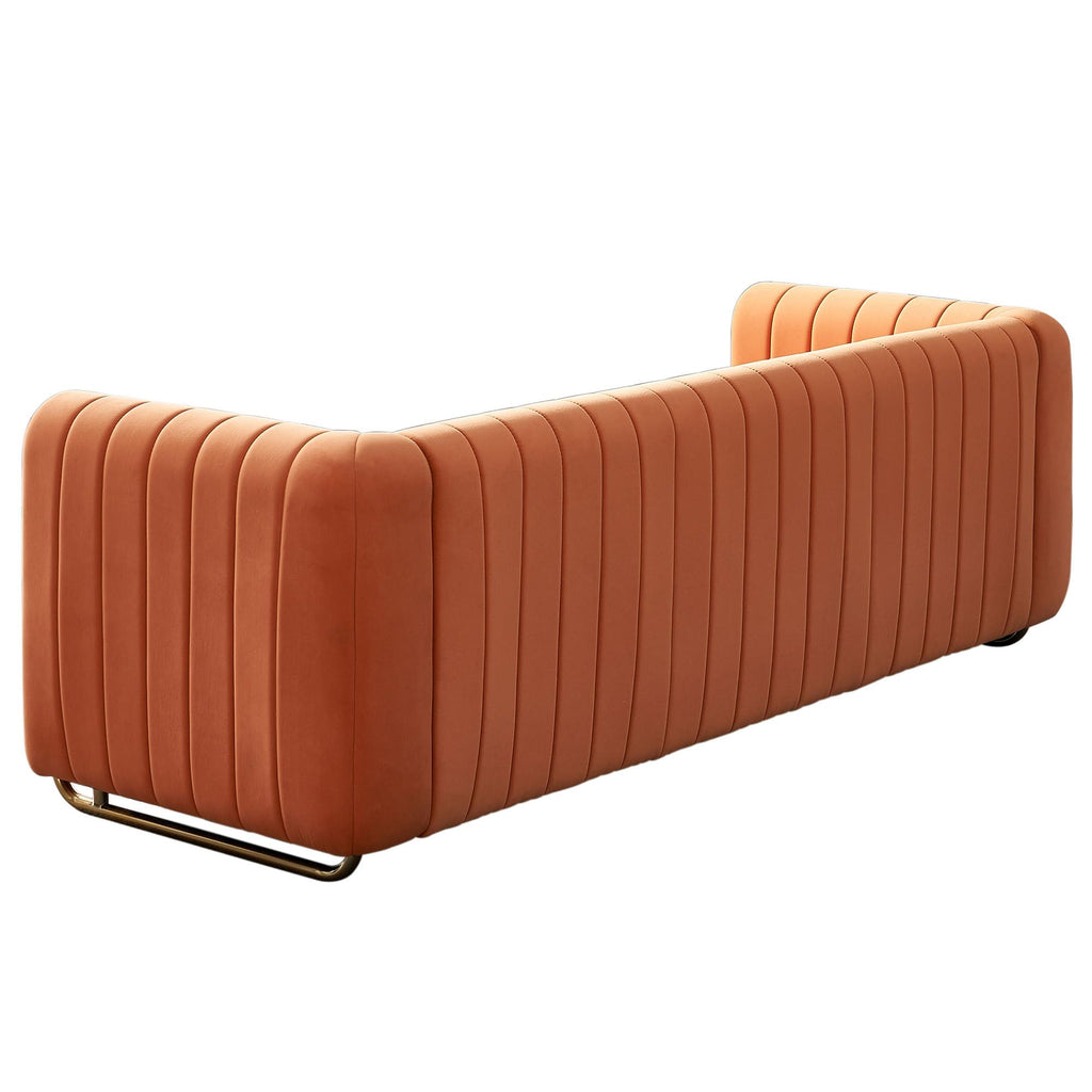 Velvet Sofa Couch, 3-Seater with Channel-Tufted Seats and Gold Steel Legs, Orange Z320