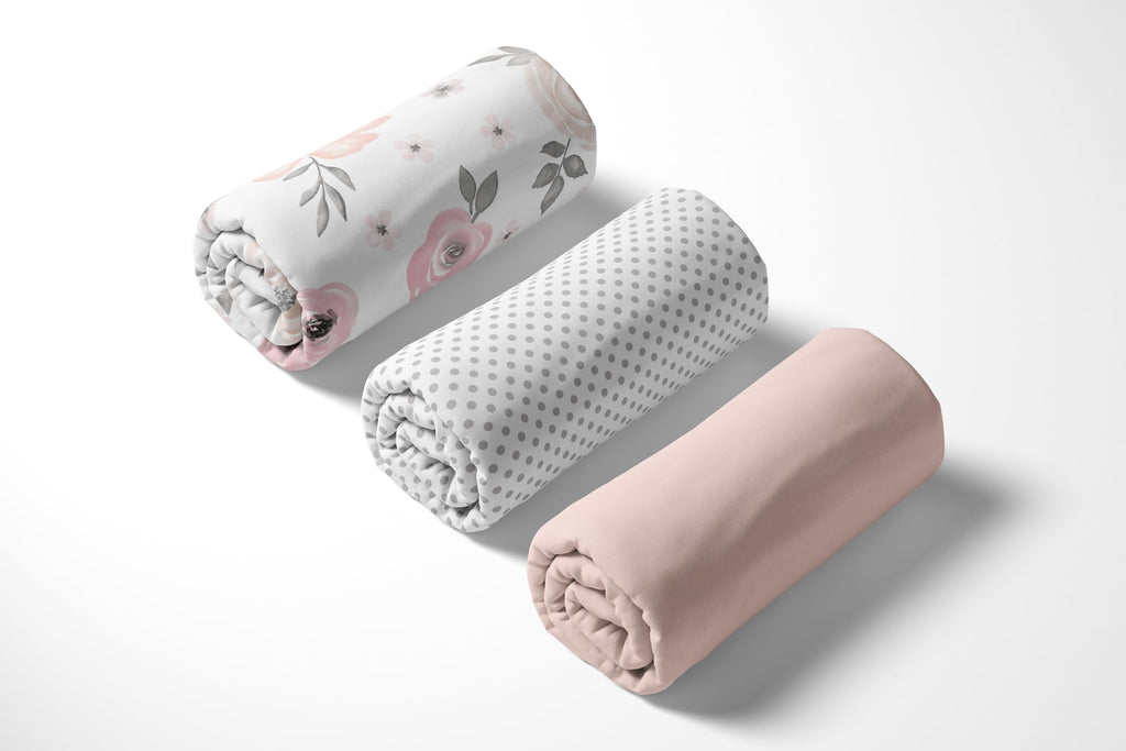3-Piece Baby Crib Sheets Set Pink Floral Fitted Standard Size C406