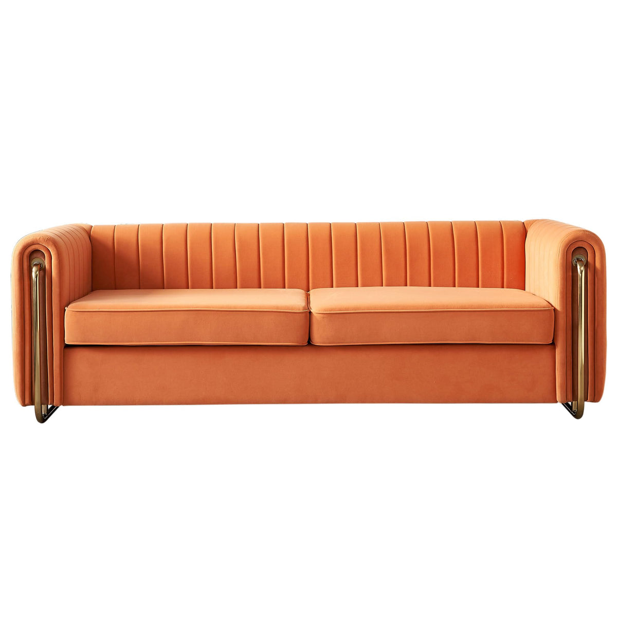 Velvet Sofa Couch, 3-Seater with Channel-Tufted Seats and Gold Steel Legs, Orange Z320