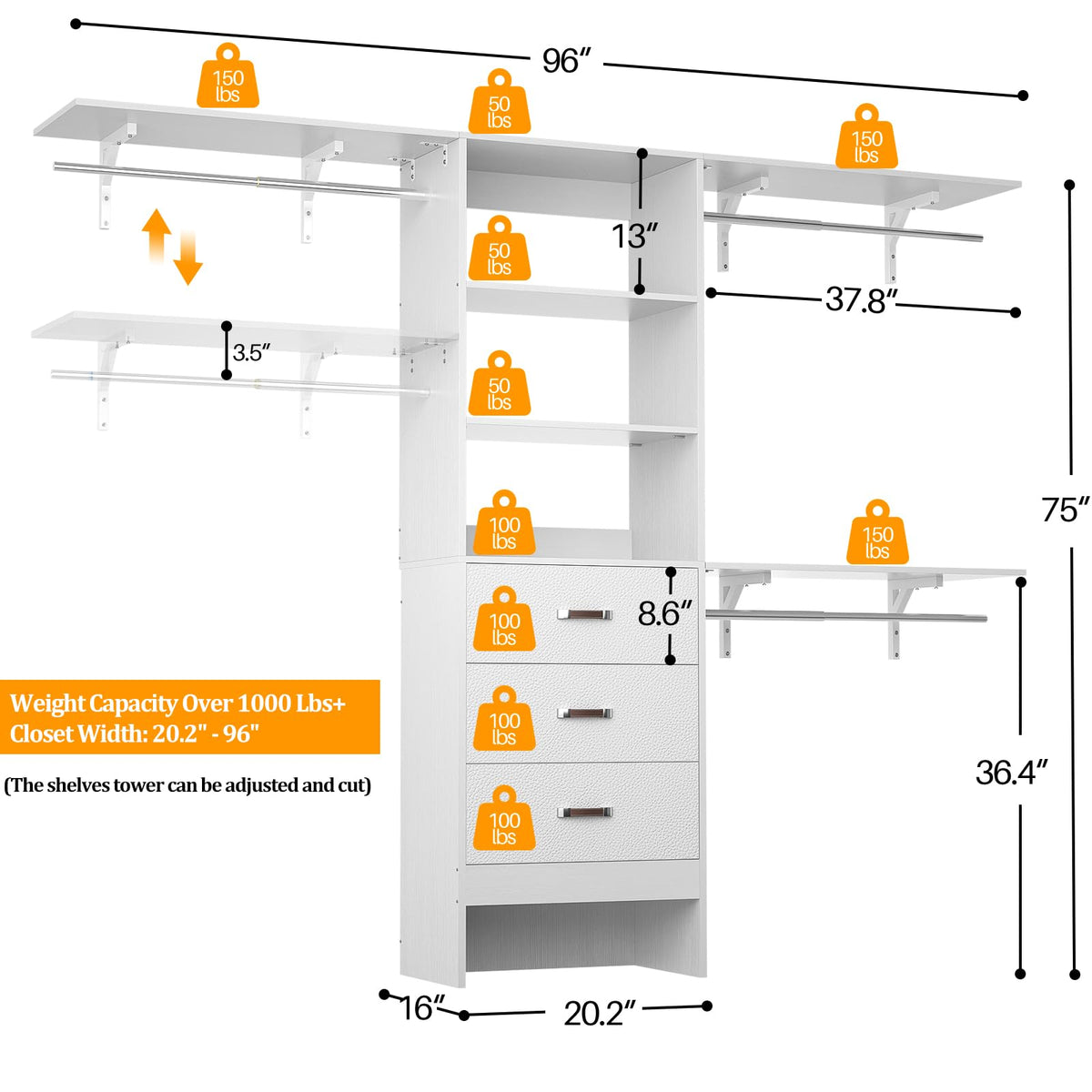 8FT White Wood Closet Organizer System with Drawer E649