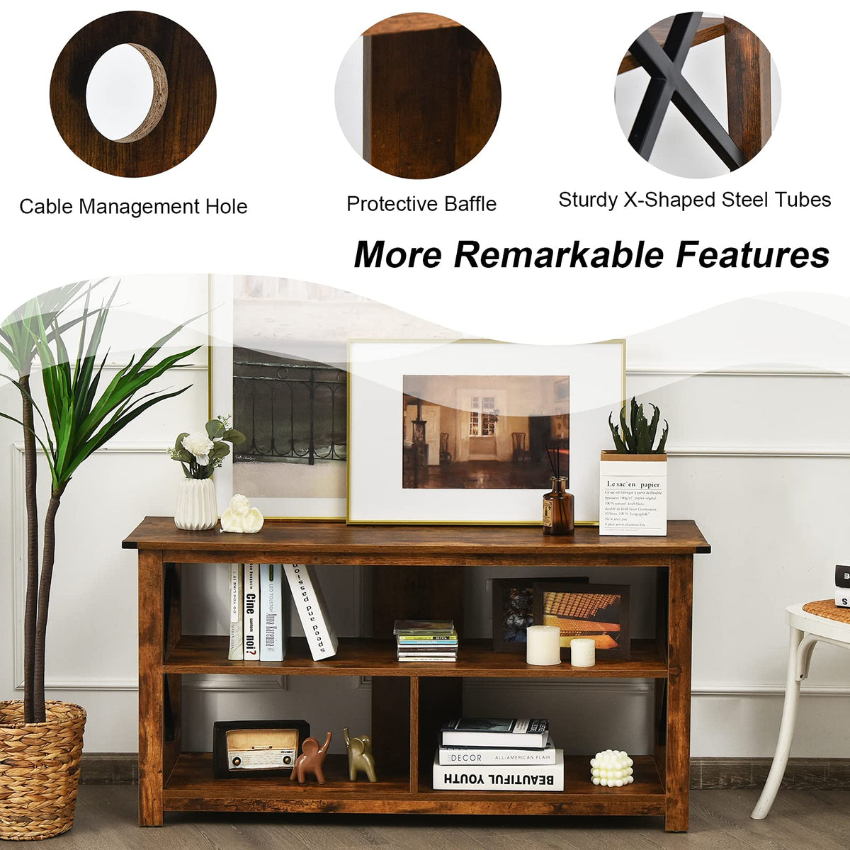 Brown 3 Tier Wood TV Stand with Open Shelves A707980