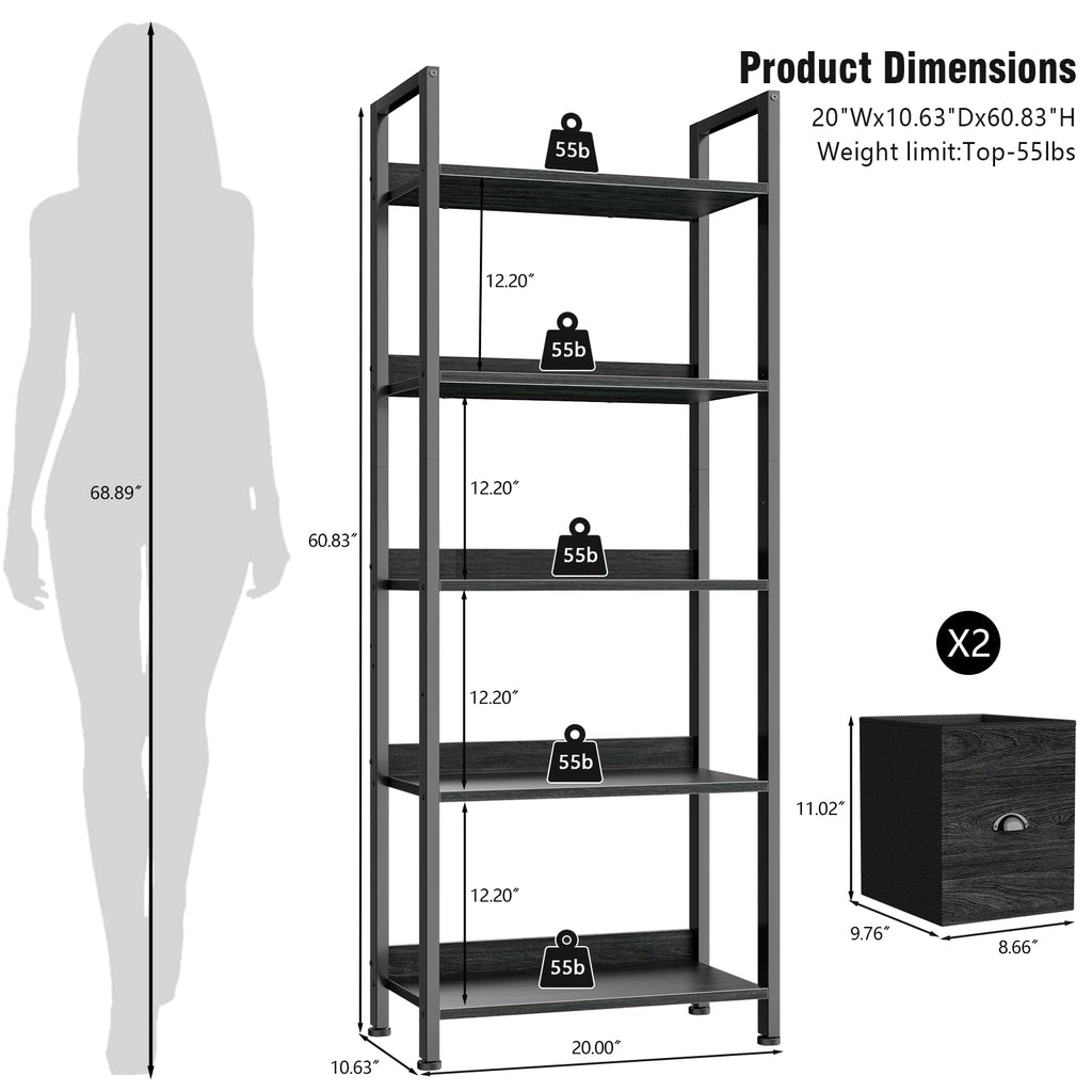 5-Tier Black Oak Bookshelf with 2 Storage Drawers U832056