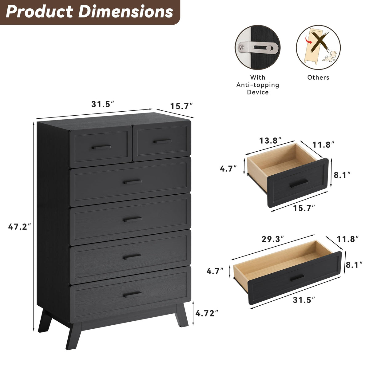 Black 6 Drawer Dresser A931