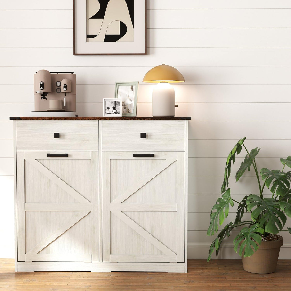 Brown and Antique White 20 Gallon Tilt-Out Trash Cabinet O815