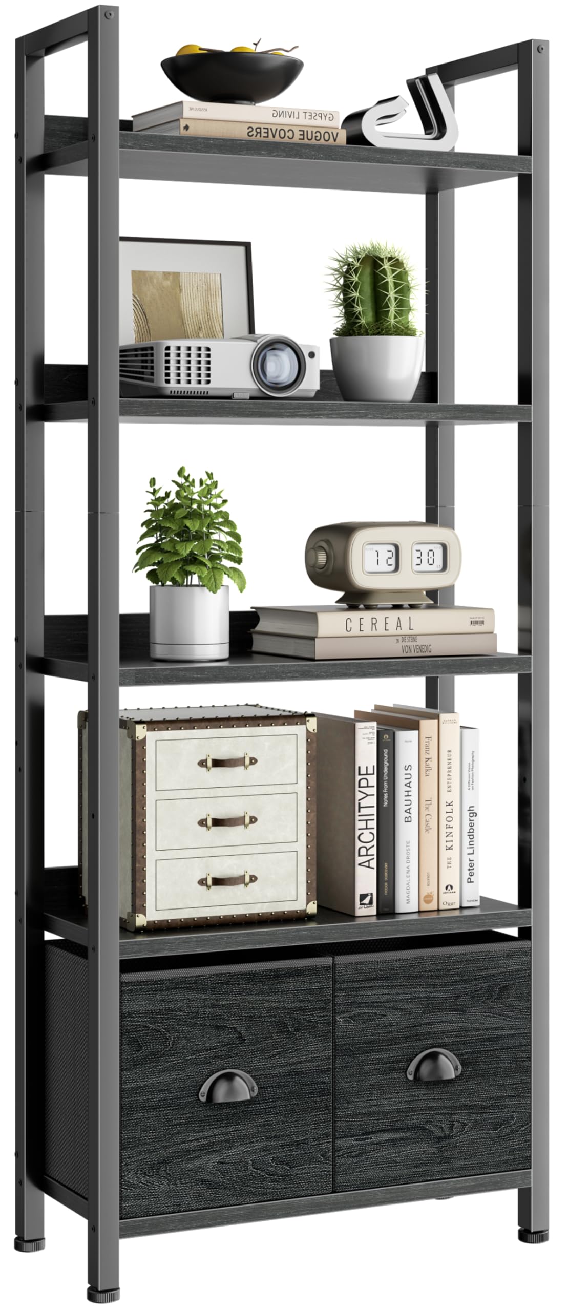 5-Tier Black Oak Bookshelf with 2 Storage Drawers U832056