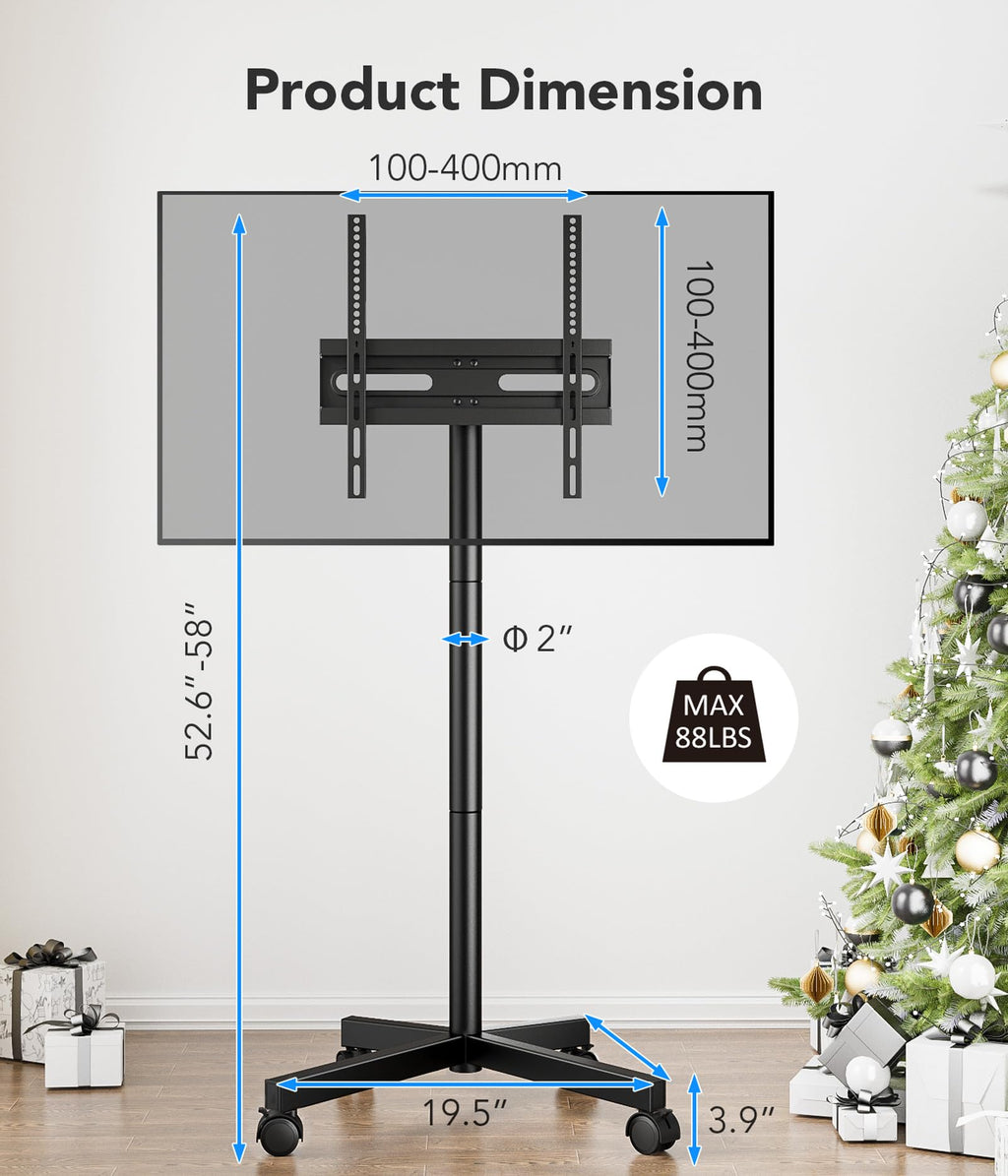 Mobile TV Cart Stand with Wheels, Height Adjustable, Holds up to 88 lbs E36681