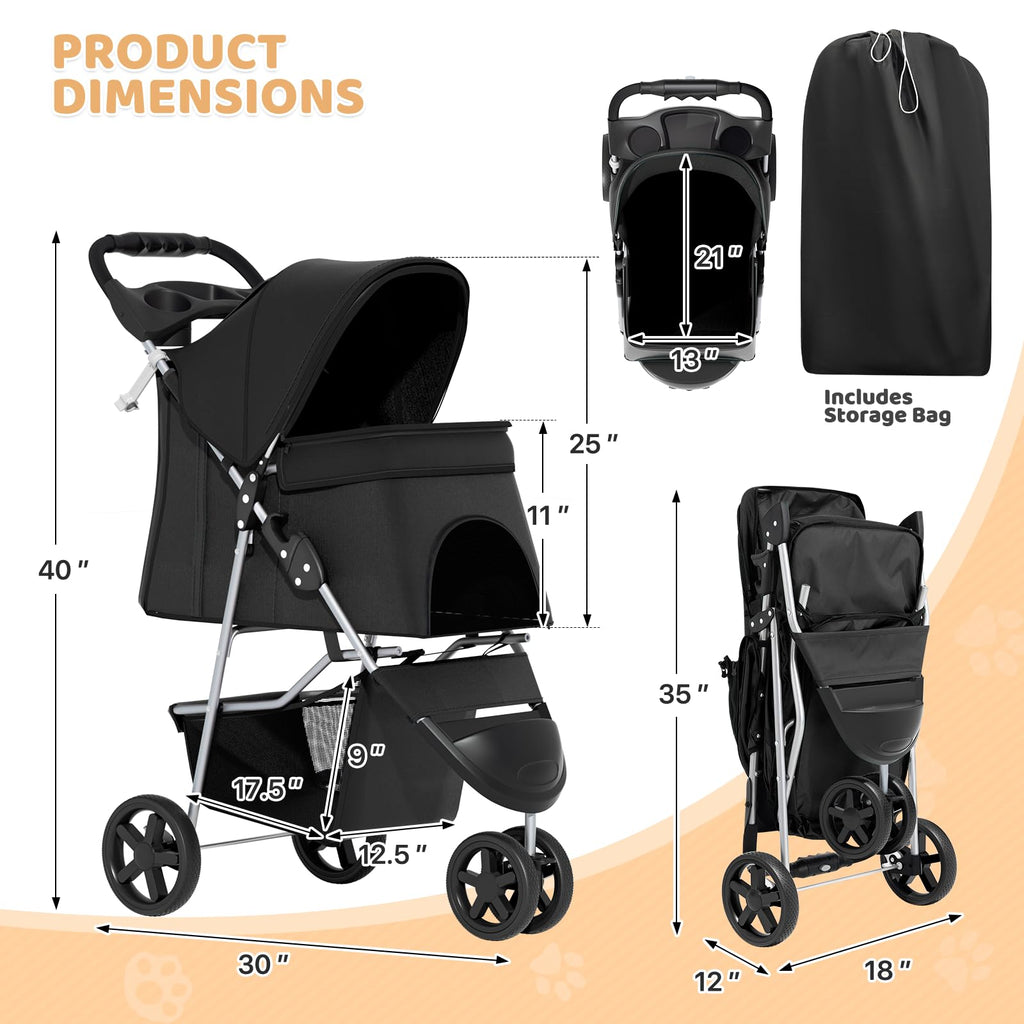 3-Wheel Pet Stroller for Small/Medium Dog Cat, Up to 33lbs, Black U8543