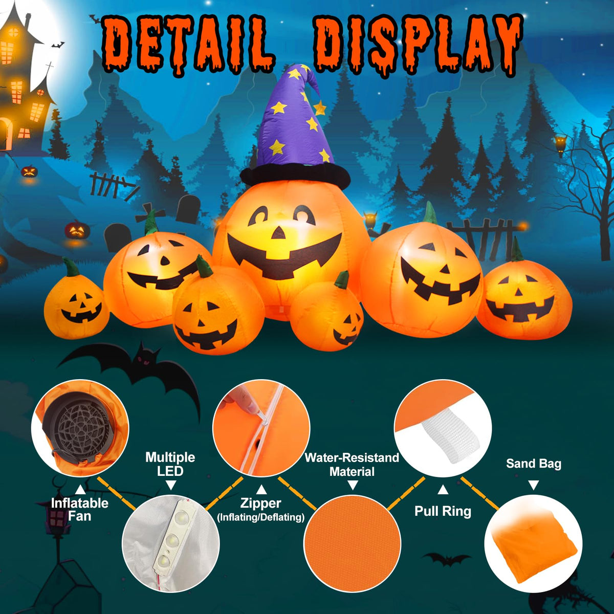 8 FT Inflatable Pumpkins and Witch Hat with Built-in LED Lights Q114359