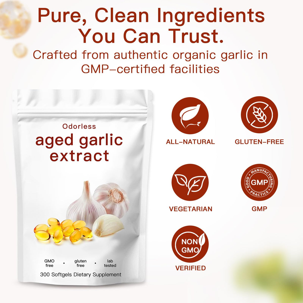 Odorless Organic Garlic Capsules 300 Softgels U49254