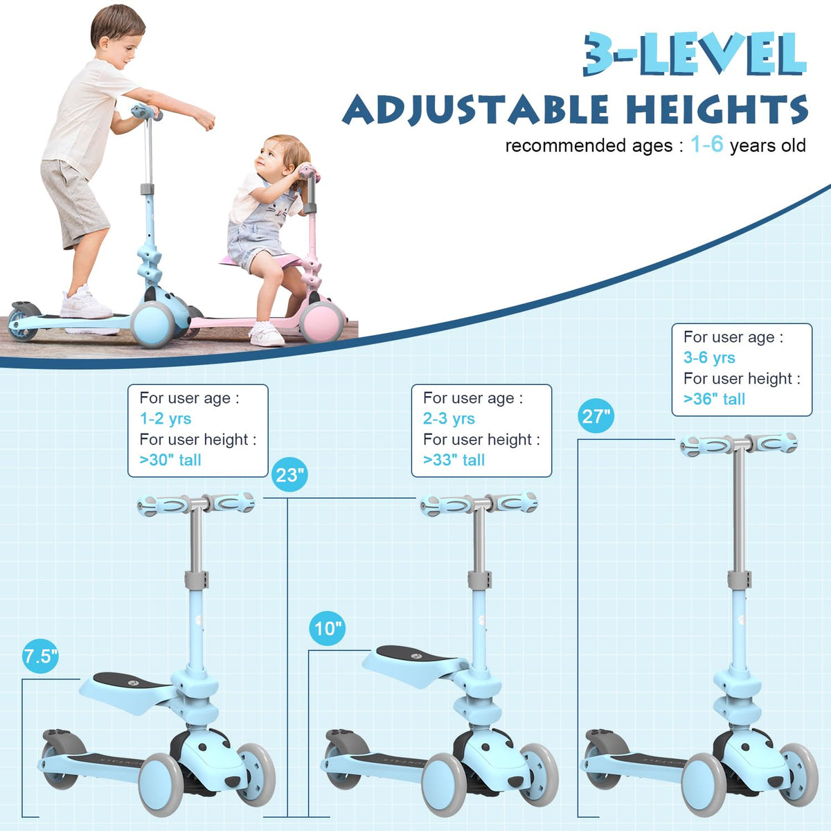 Kids 3 Wheels Scooter with Adjustable Heights and LED Wheels F20269