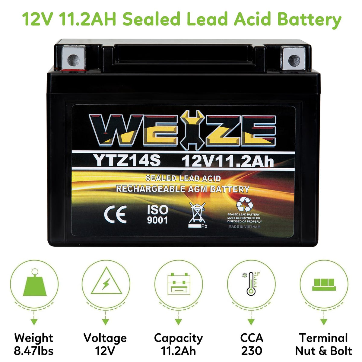 12V 11.2AH 230CCA Maintenance Free Sealed AGM Motorcycle Battery N758997
