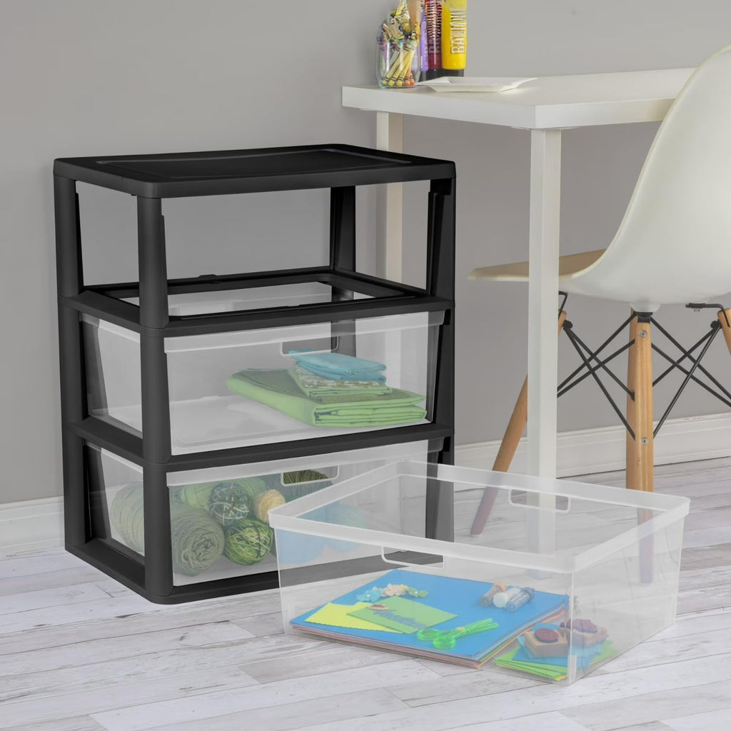Black 3 Drawer Plastic Storage Organizer Tower with Clear Bins N57748