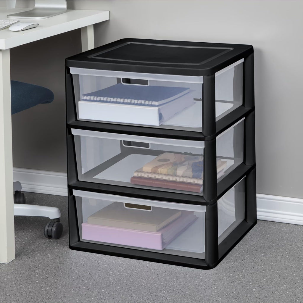 Black 3 Drawer Plastic Storage Organizer Tower with Clear Bins N57748