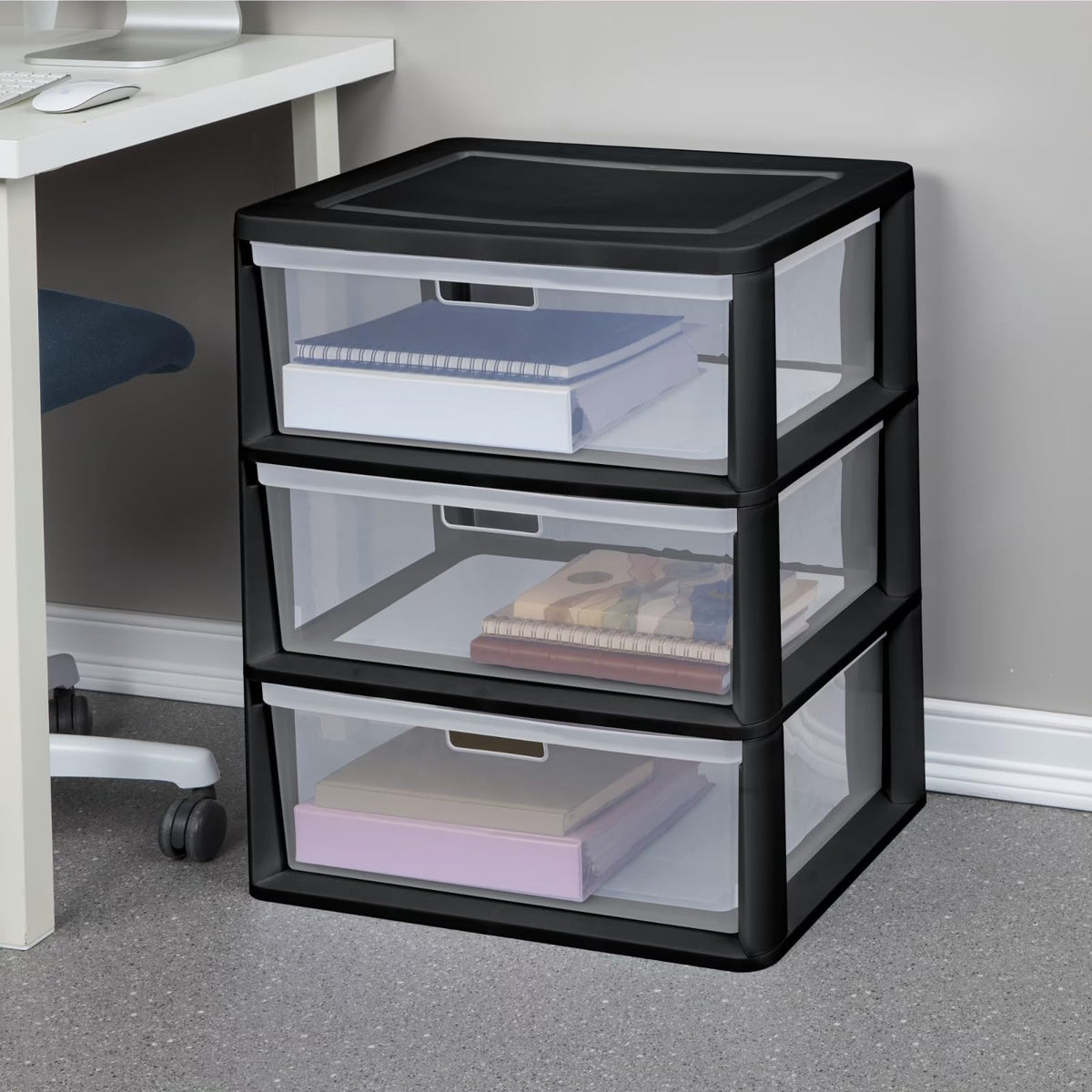 Black 3 Drawer Plastic Storage Organizer Tower with Clear Bins N57748