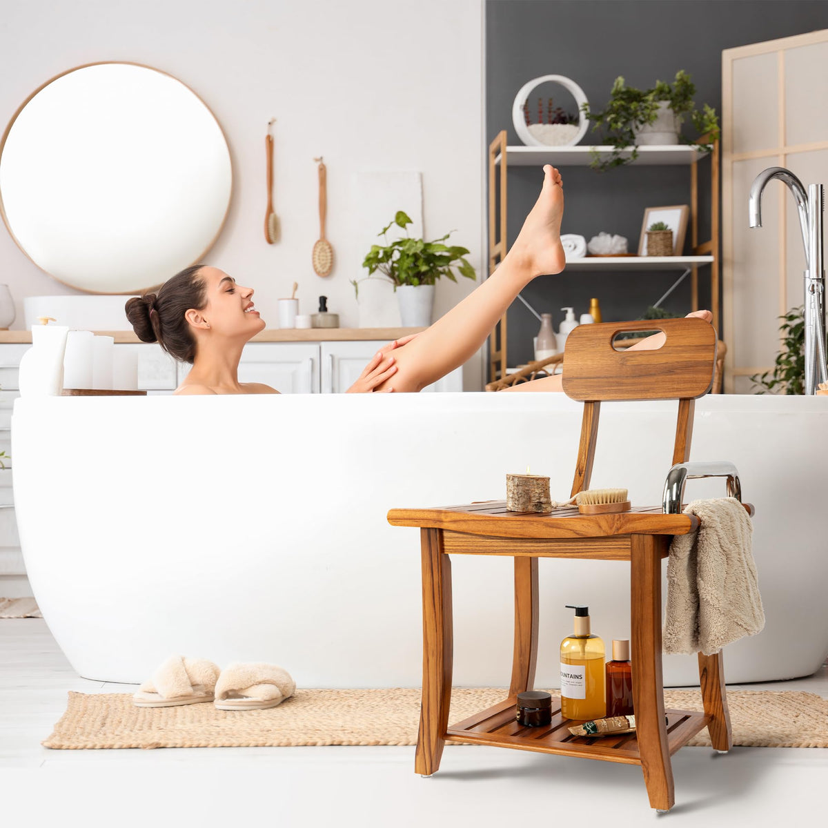 Teak Shower Bench with Handles and Backrest I915128