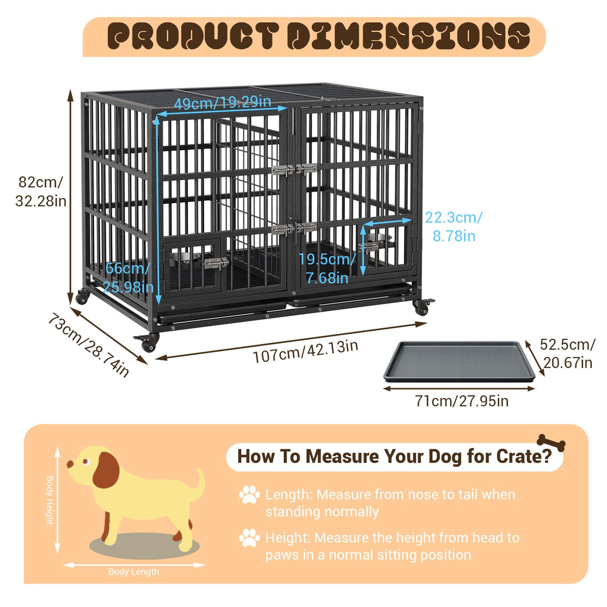 42 inch Heavy Duty Metal Dog Crate with Removable Tray and Wheels Z995665