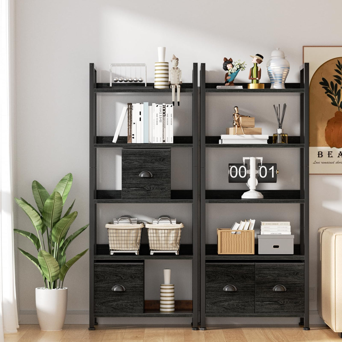 5-Tier Black Oak Bookshelf with 2 Storage Drawers U832056