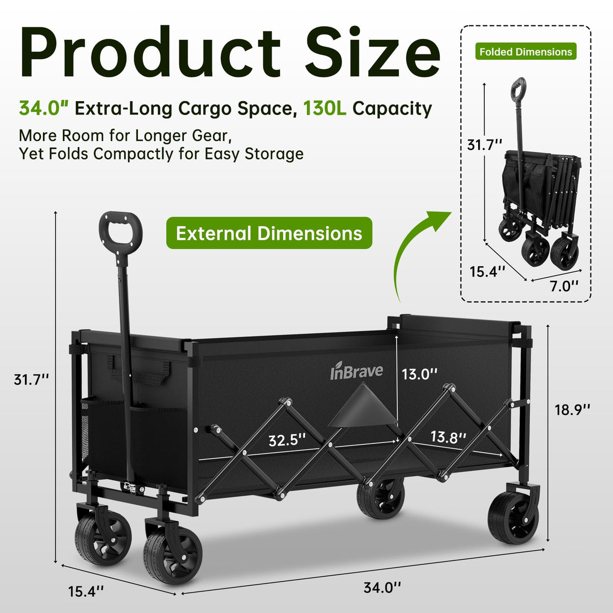 34" Extra Long Collapsible Wagon Cart, 360LBS Capacity, Black F633