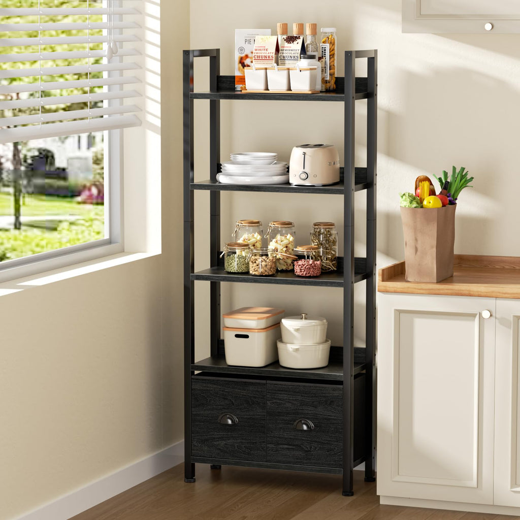 5-Tier Black Oak Bookshelf with 2 Storage Drawers U832056
