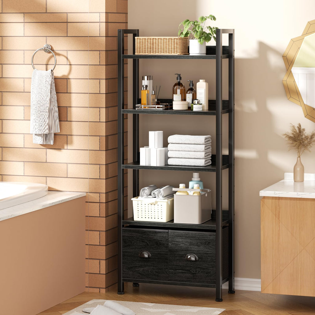 5-Tier Black Oak Bookshelf with 2 Storage Drawers U832056