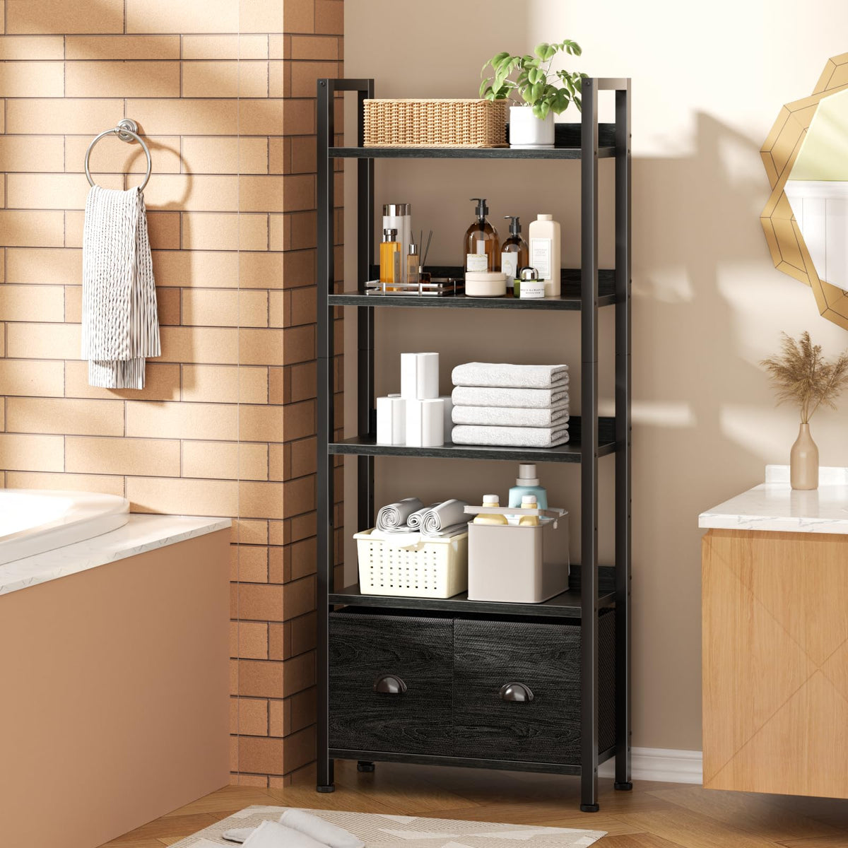 5-Tier Black Oak Bookshelf with 2 Storage Drawers U832056