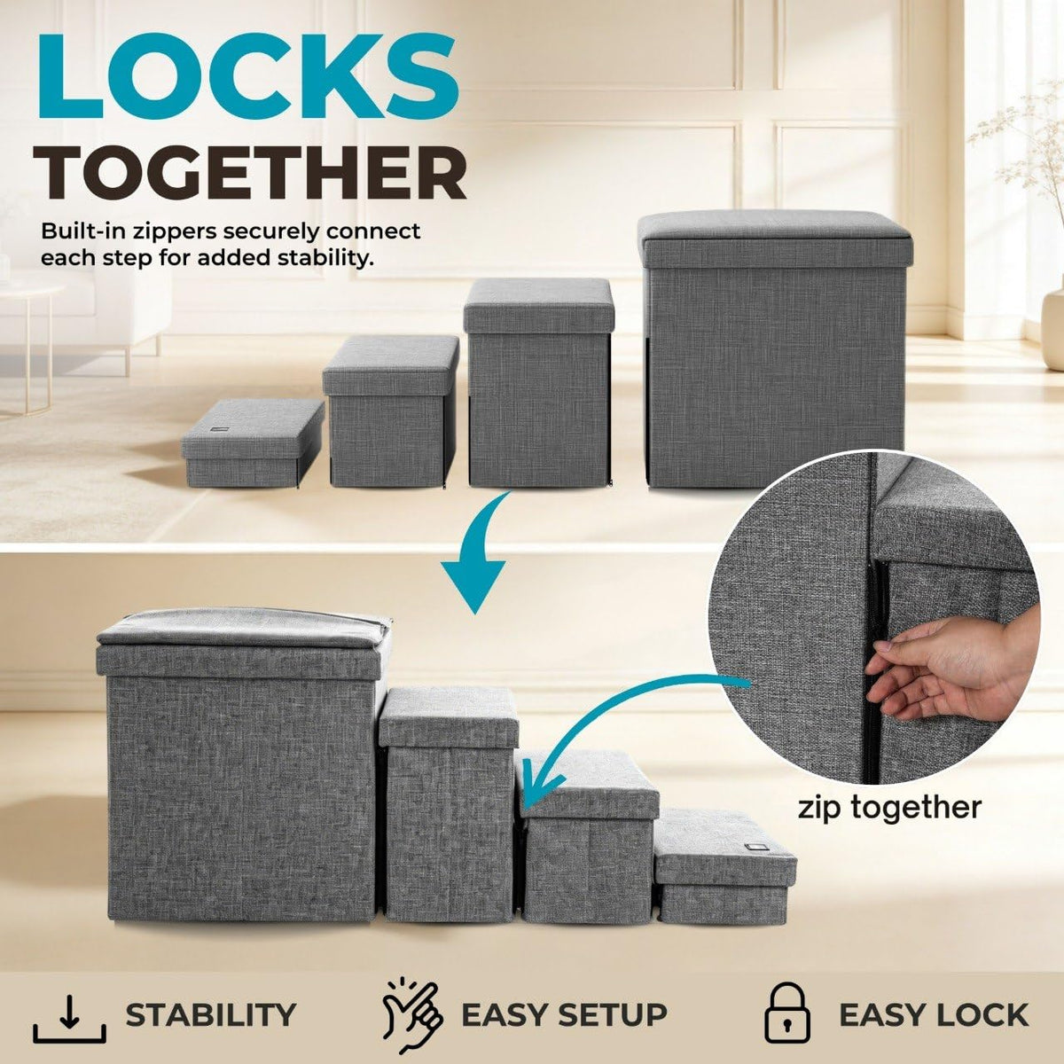 Foldable Grey 4 Steps Dog Stairs with Cushion D393