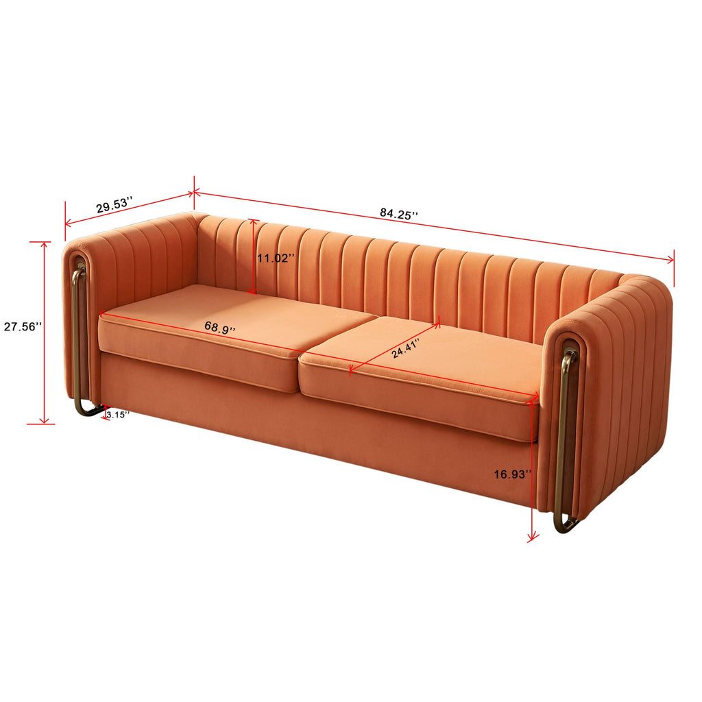 Velvet Sofa Couch, 3-Seater with Channel-Tufted Seats and Gold Steel Legs, Orange Z320