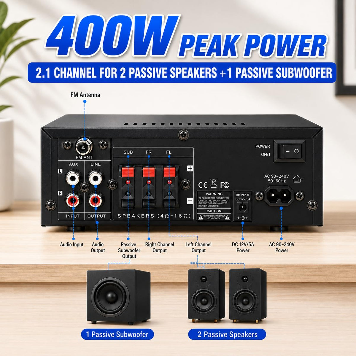 Bluetooth 5.0 2.1 Channel 400W Stereo Amplifier V58594
