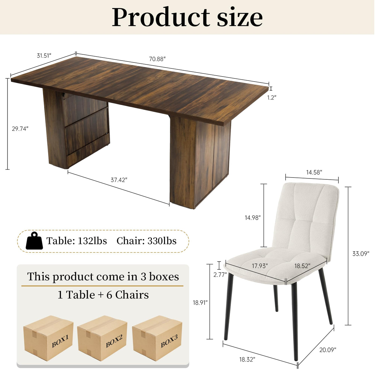 7 Piece Dining Table Set with 6 Beige Knit Fabric Chairs D9920