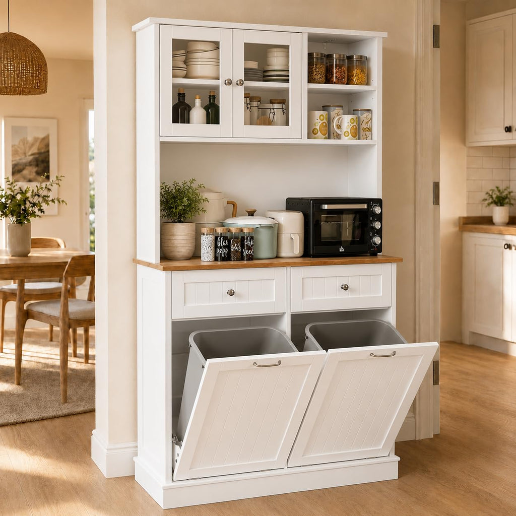 68.4" White Kitchen Pantry Storage Cabinet with Shelf, 2 Drawers and Tilt Out Trash Cabinet F403603