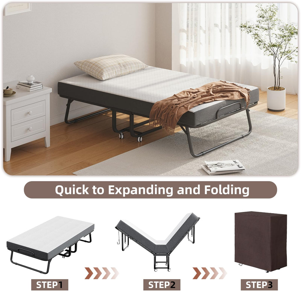 Folding Bed with Mattress and Storage Cover, Twin Size, 5-inch Memory Foam Mattress E44504