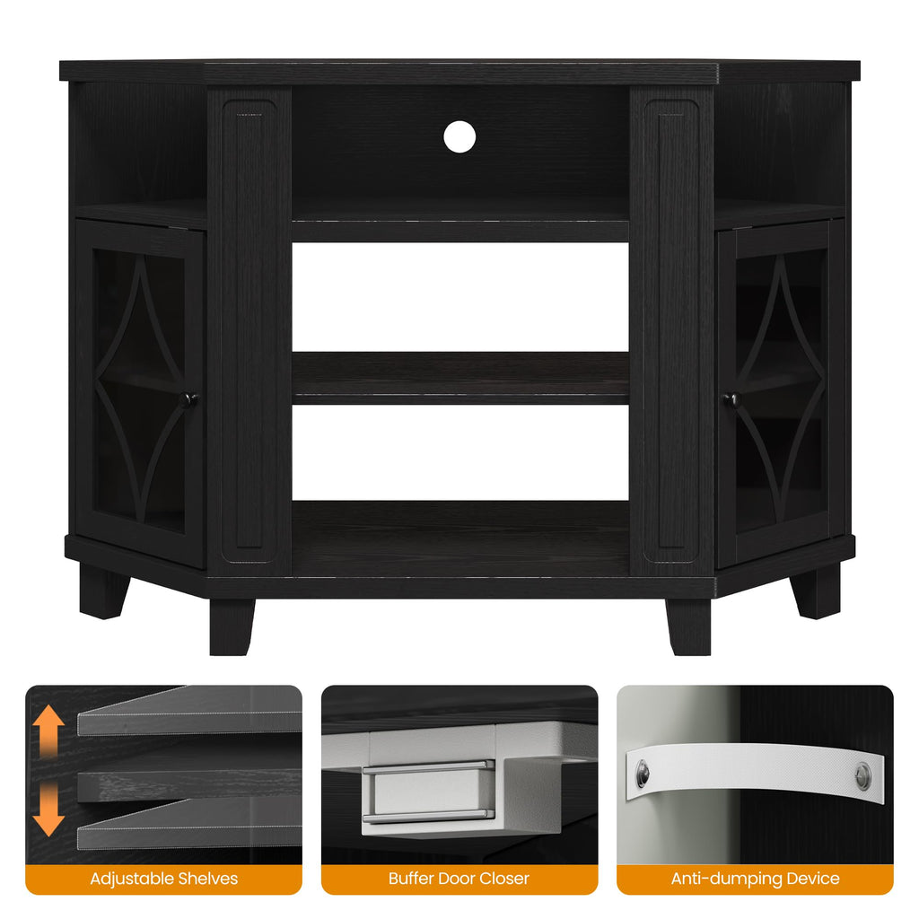 Corner TV Stand up to 55 Inch with Storage Wood Media Console Cabinet Satin Black S4525