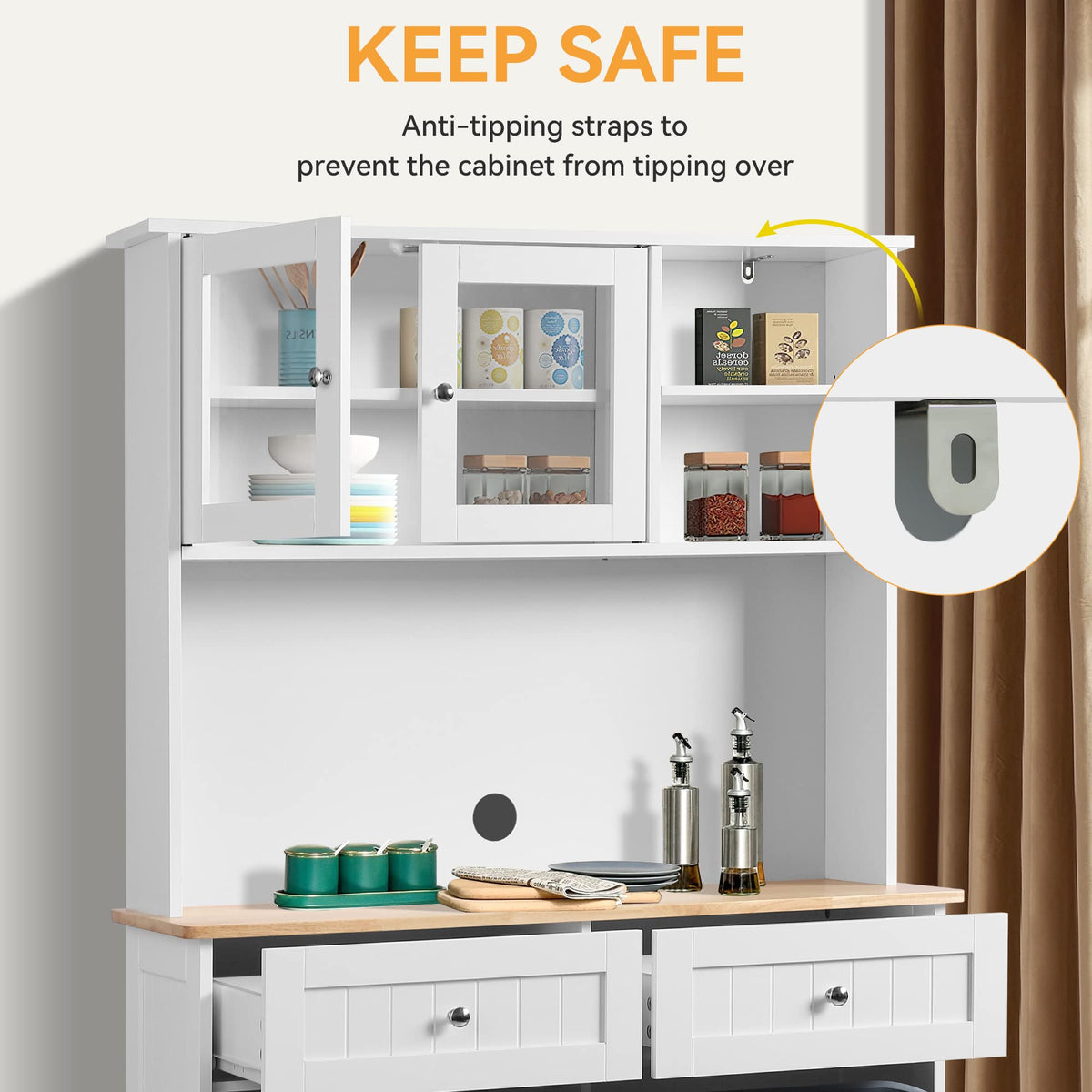 68.4" White Kitchen Pantry Storage Cabinet with Shelf, 2 Drawers and Tilt Out Trash Cabinet F403603