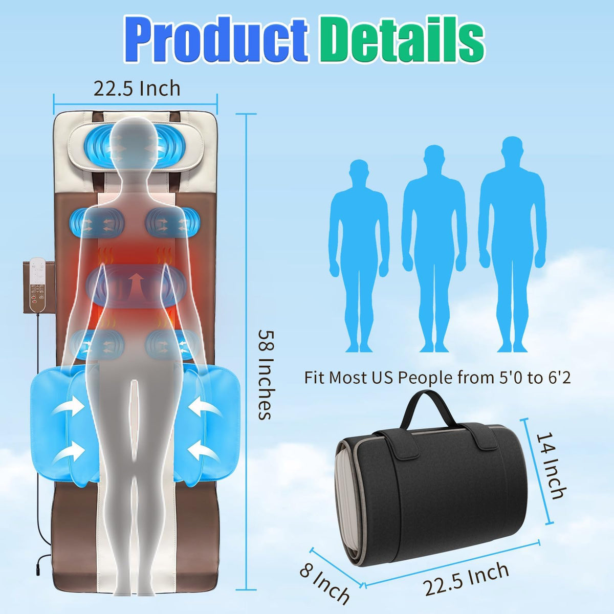 Full Body Massage Mat with Airbags Stretching & Heating, 3D Lumbar Traction, 4 Modes 3 Intensities 3 Heat Levels, PU Leather, Foldable H136658