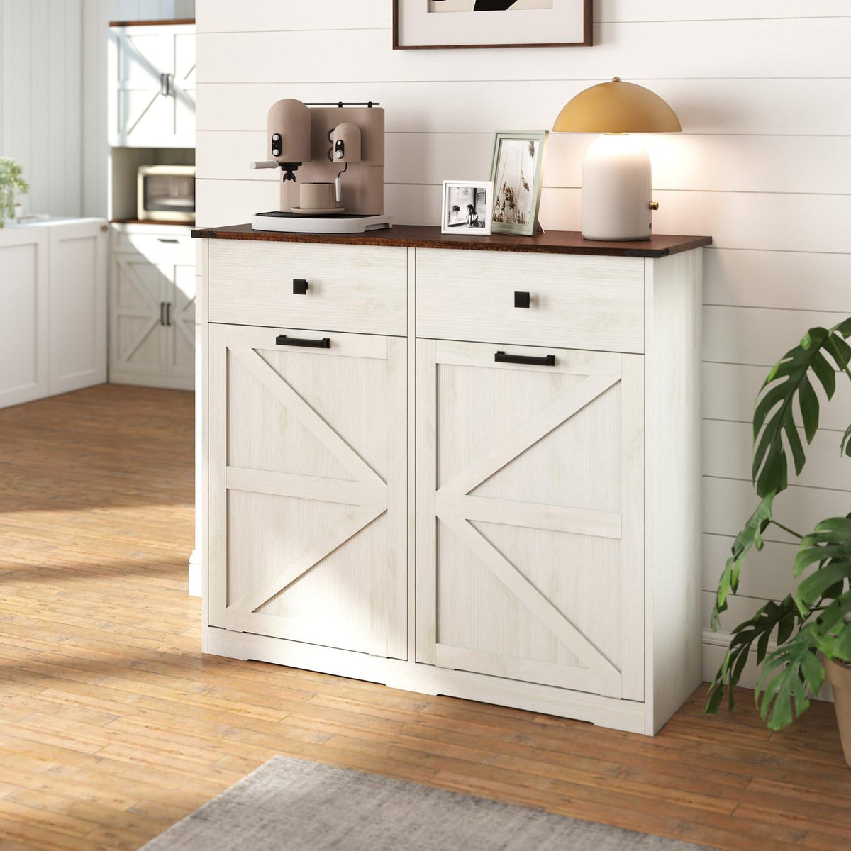 Brown and Antique White 20 Gallon Tilt-Out Trash Cabinet O815