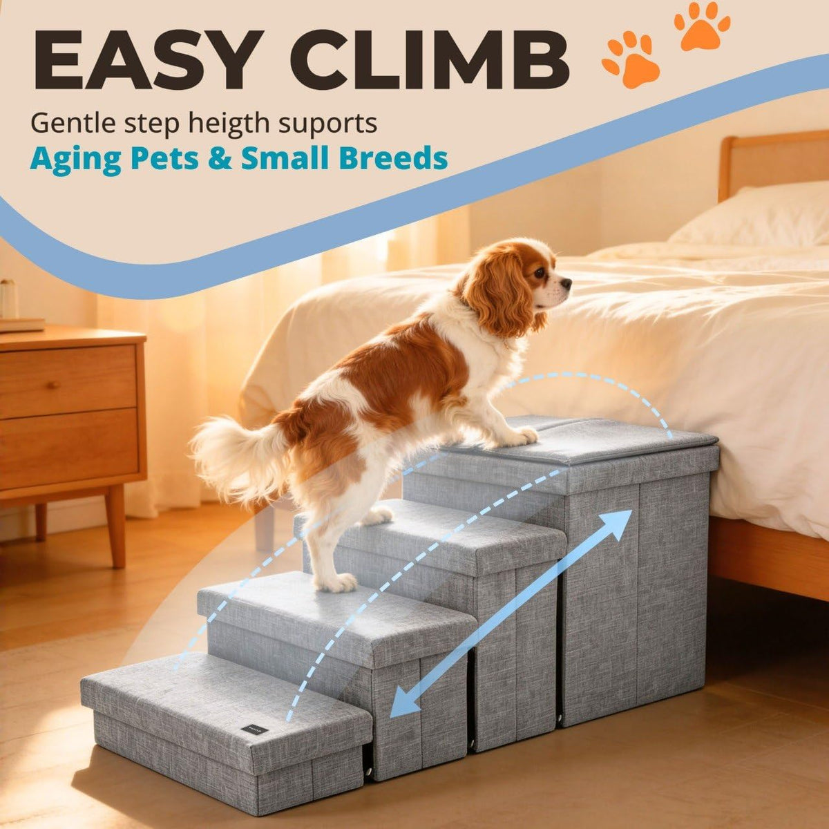 Foldable Grey 4 Steps Dog Stairs with Cushion D393