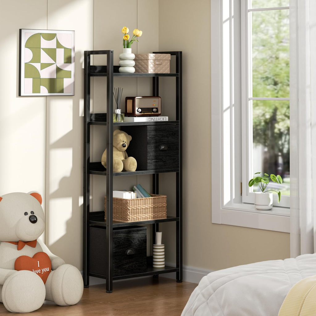 5-Tier Black Oak Bookshelf with 2 Storage Drawers U832056