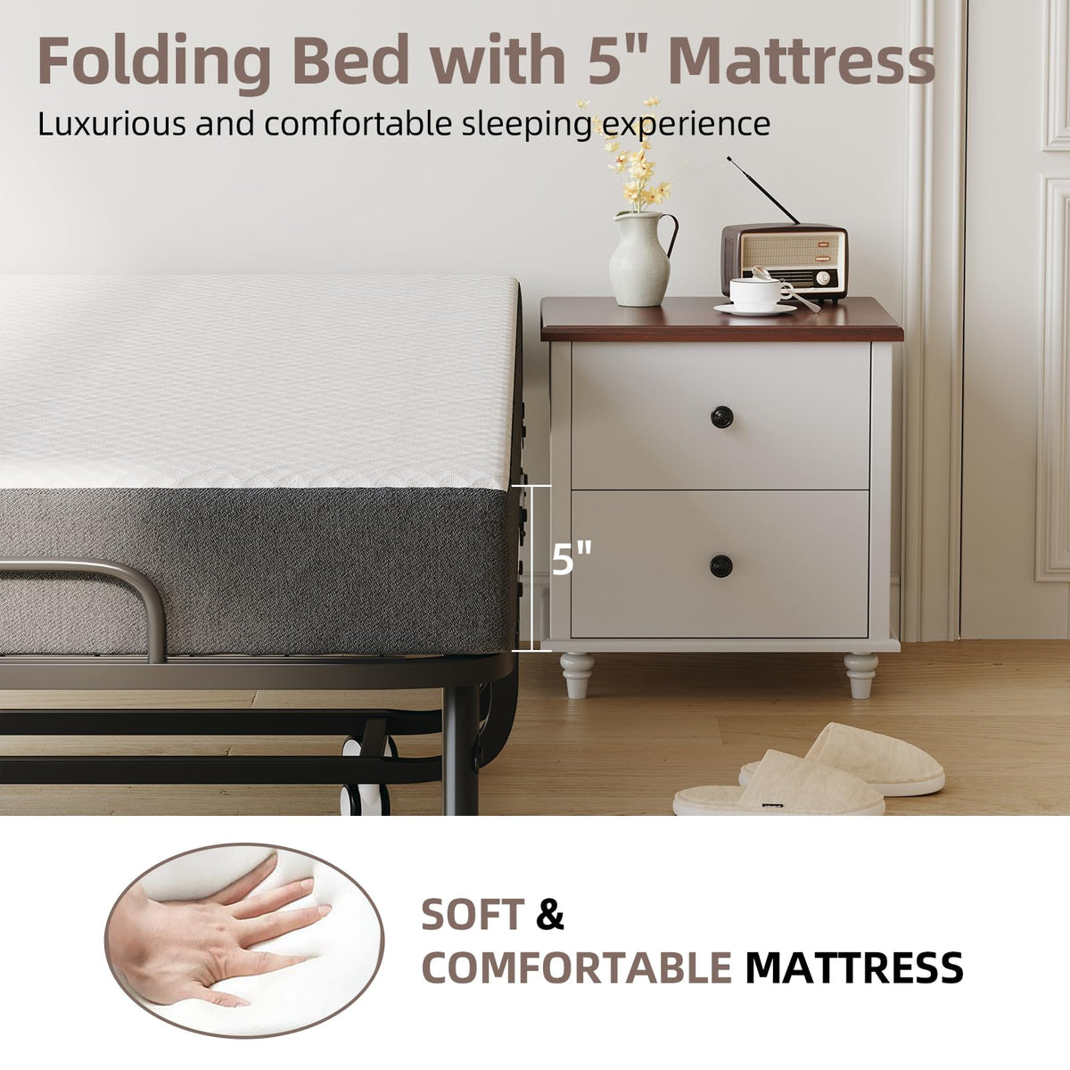 Folding Bed with Mattress and Storage Cover, Twin Size, 5-inch Memory Foam Mattress E44504