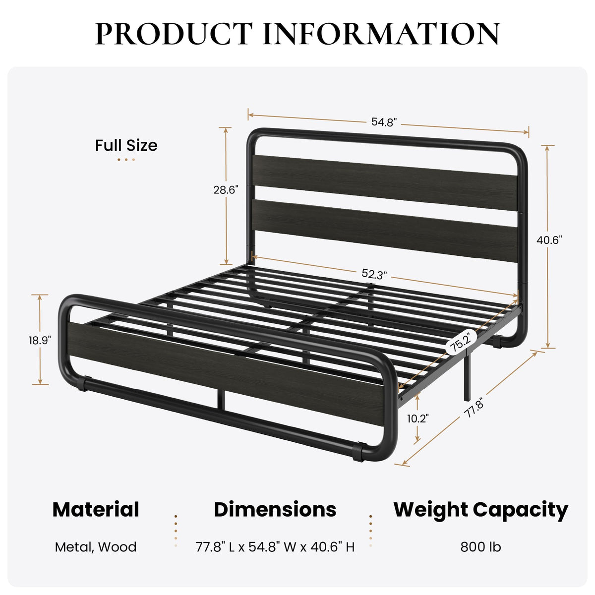 Full Size Metal Bed Frame with Wooden Headboard F2247