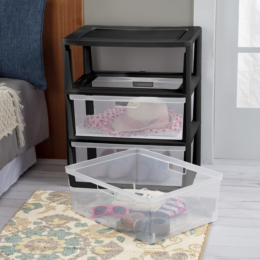 Black 3 Drawer Plastic Storage Organizer Tower with Clear Bins N57748