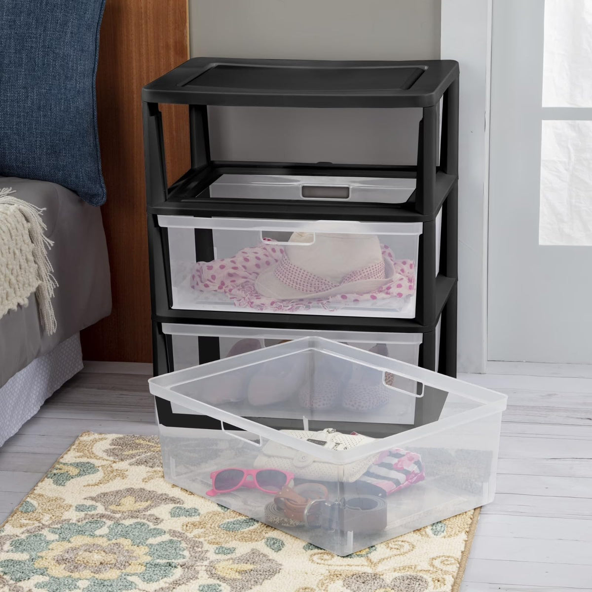 Black 3 Drawer Plastic Storage Organizer Tower with Clear Bins N57748