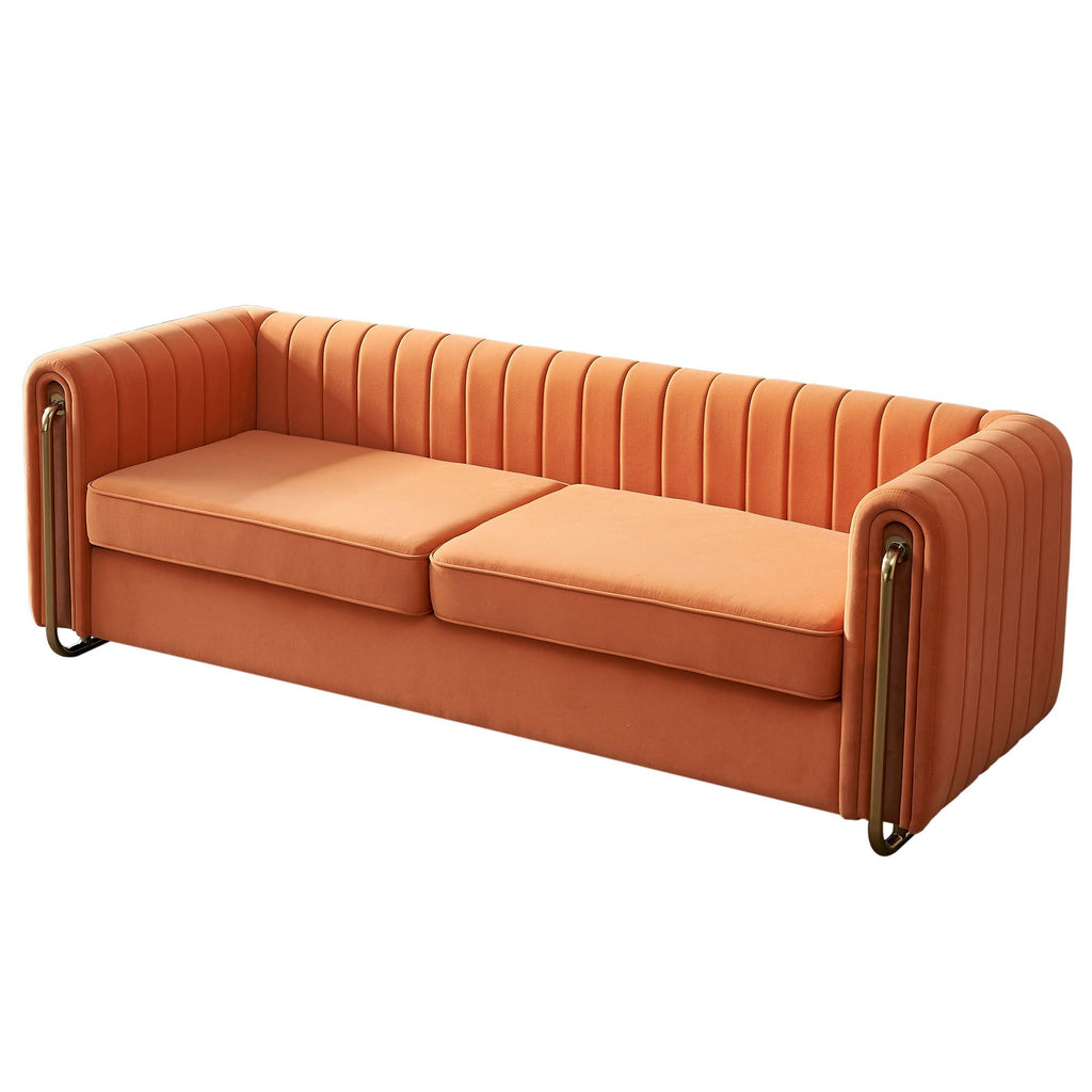 Velvet Sofa Couch, 3-Seater with Channel-Tufted Seats and Gold Steel Legs, Orange Z320