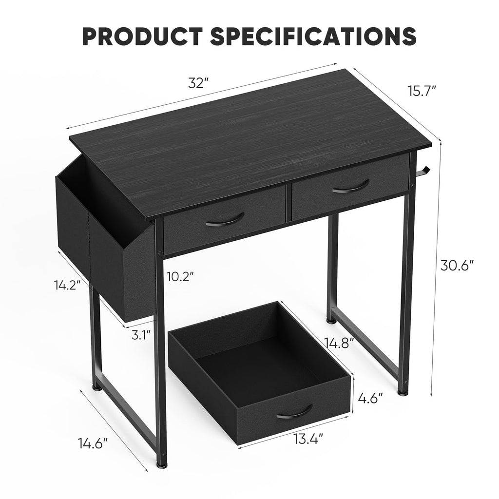 32" Black Computer Desk with Drawers I3938