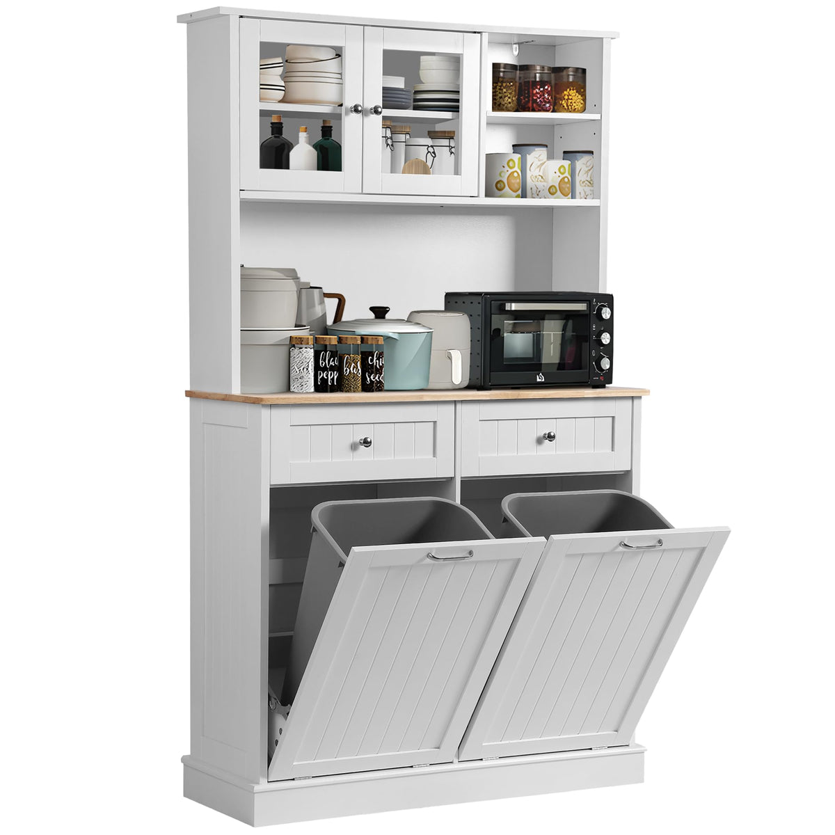 68.4" White Kitchen Pantry Storage Cabinet with Shelf, 2 Drawers and Tilt Out Trash Cabinet F403603