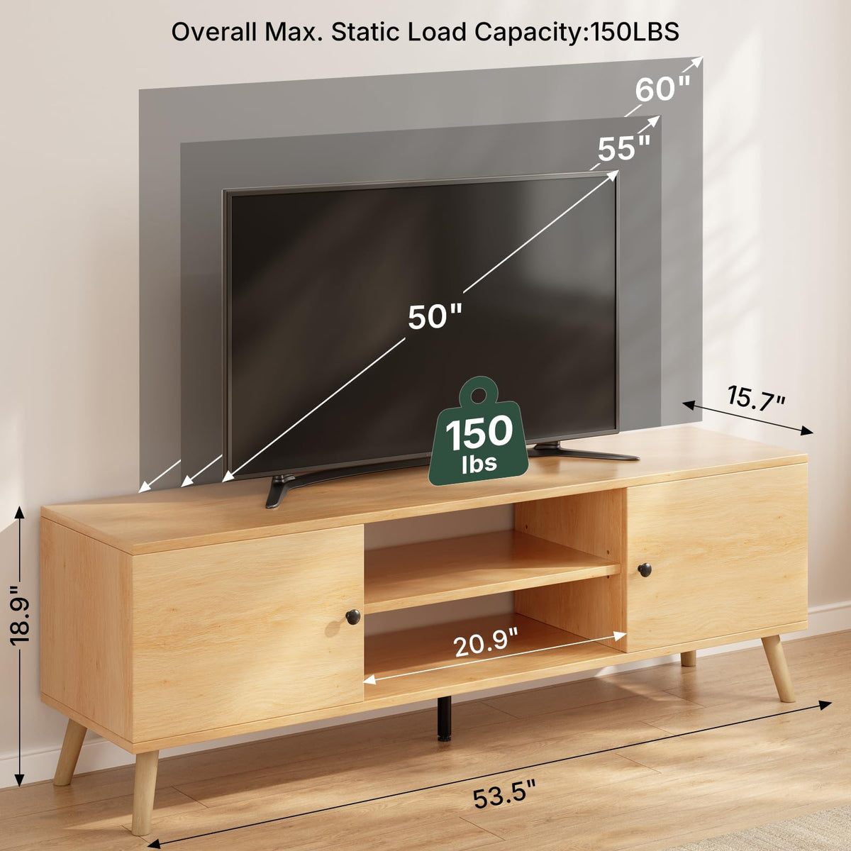 55 60 inch Wood TV Stand with 2 Cabinets A134