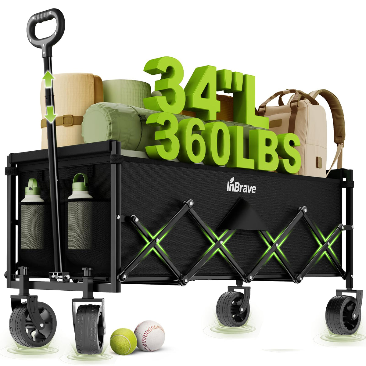 34" Extra Long Collapsible Wagon Cart, 360LBS Capacity, Black F633